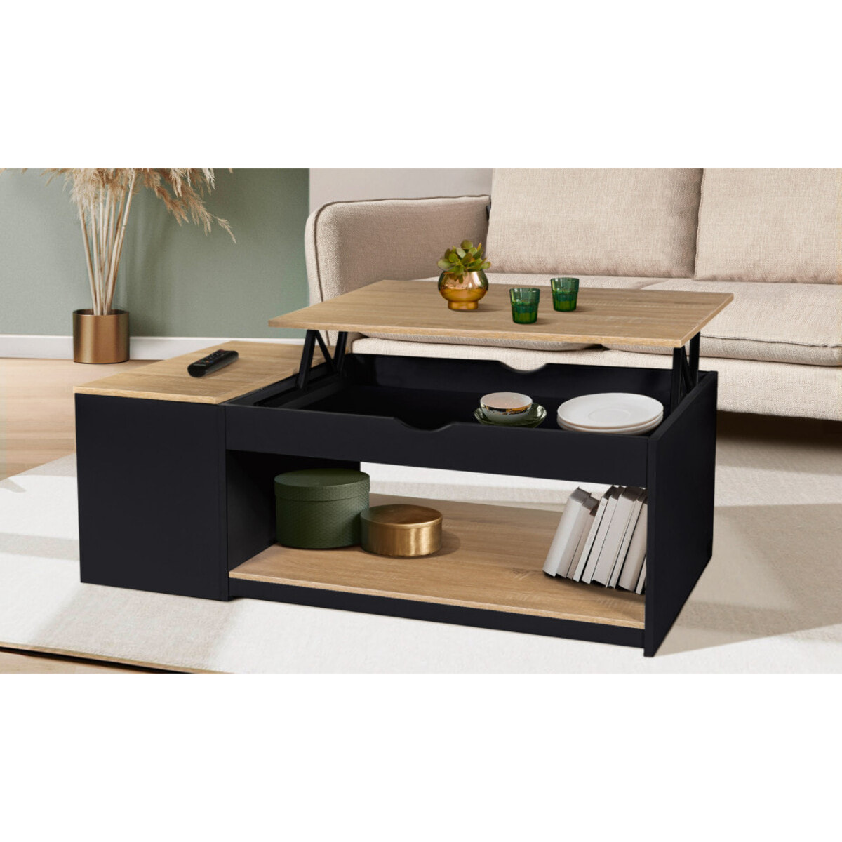 Table basse relevable + coffre Elina - Plateau + coffre