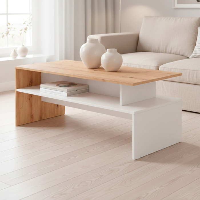Tavolino Da Caffè Soggiorno Moderno Con Ripiano E Vani A Giorno Design Elegante E Funzionale 108 x 50 x 43 cm Bianco Opaco E Quercia