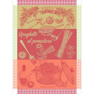Torchon pur coton motif jacquard vert rouge Spaghetti pomodoro basilic