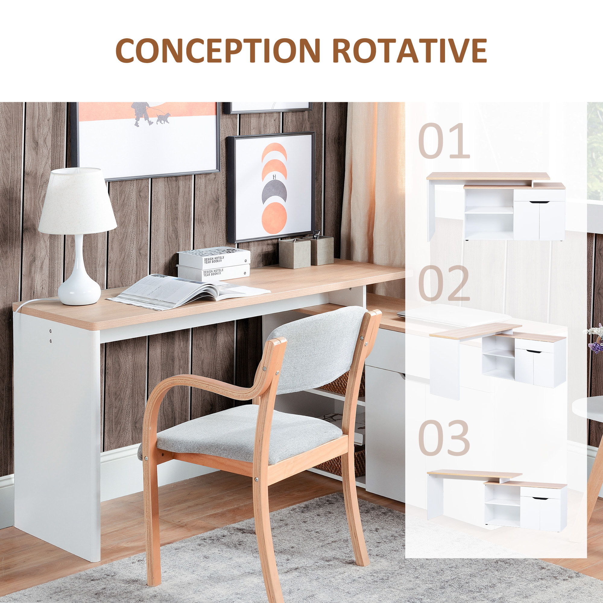 Bureau d'angle bureau informatique multimédia modulable multi-rangement aspect chêne clair blanc