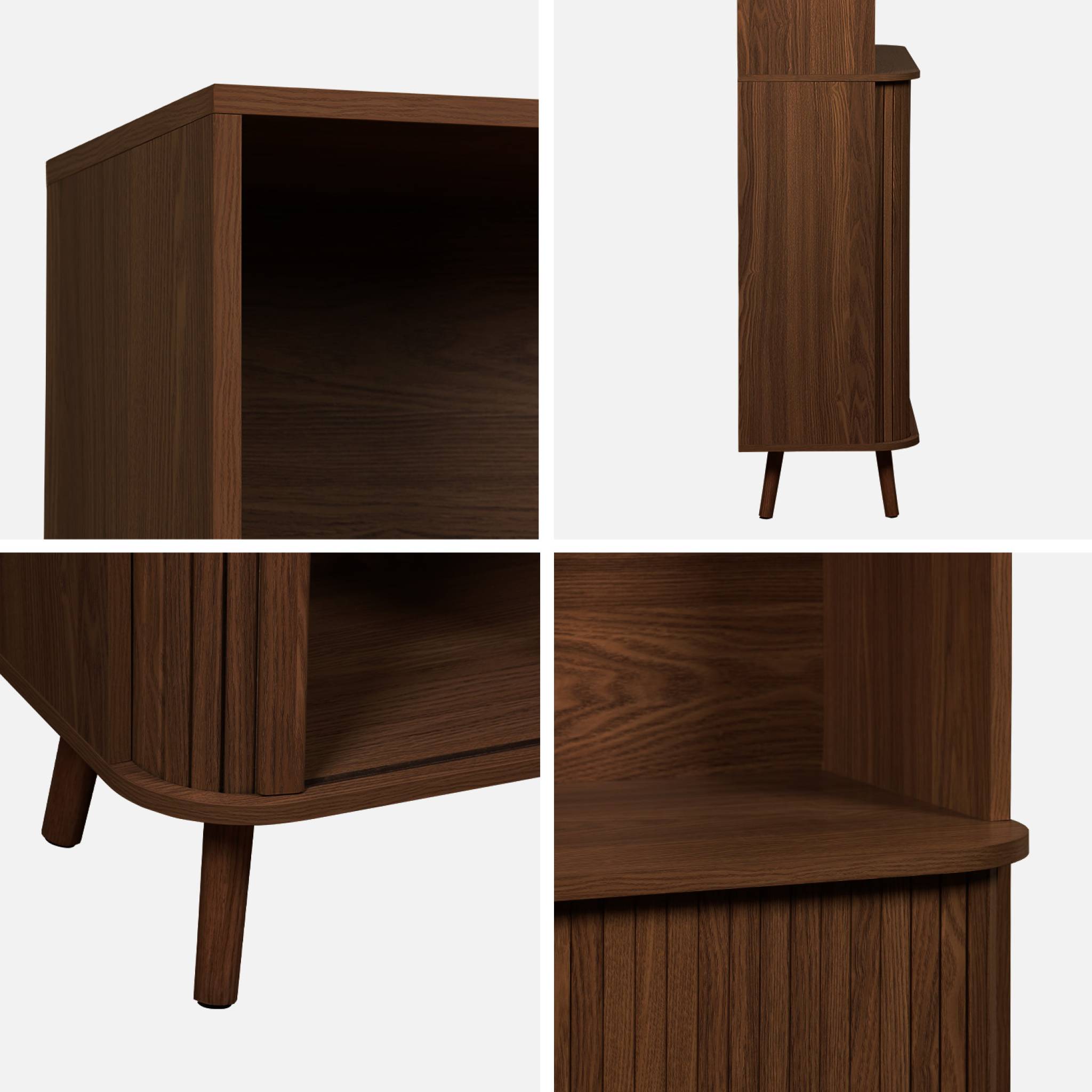 Etagère bibliothèque scandinave. 2 portes coulissantes. 4 niveaux. effet bois rainuré. L 80 x P 45 x H 180cm