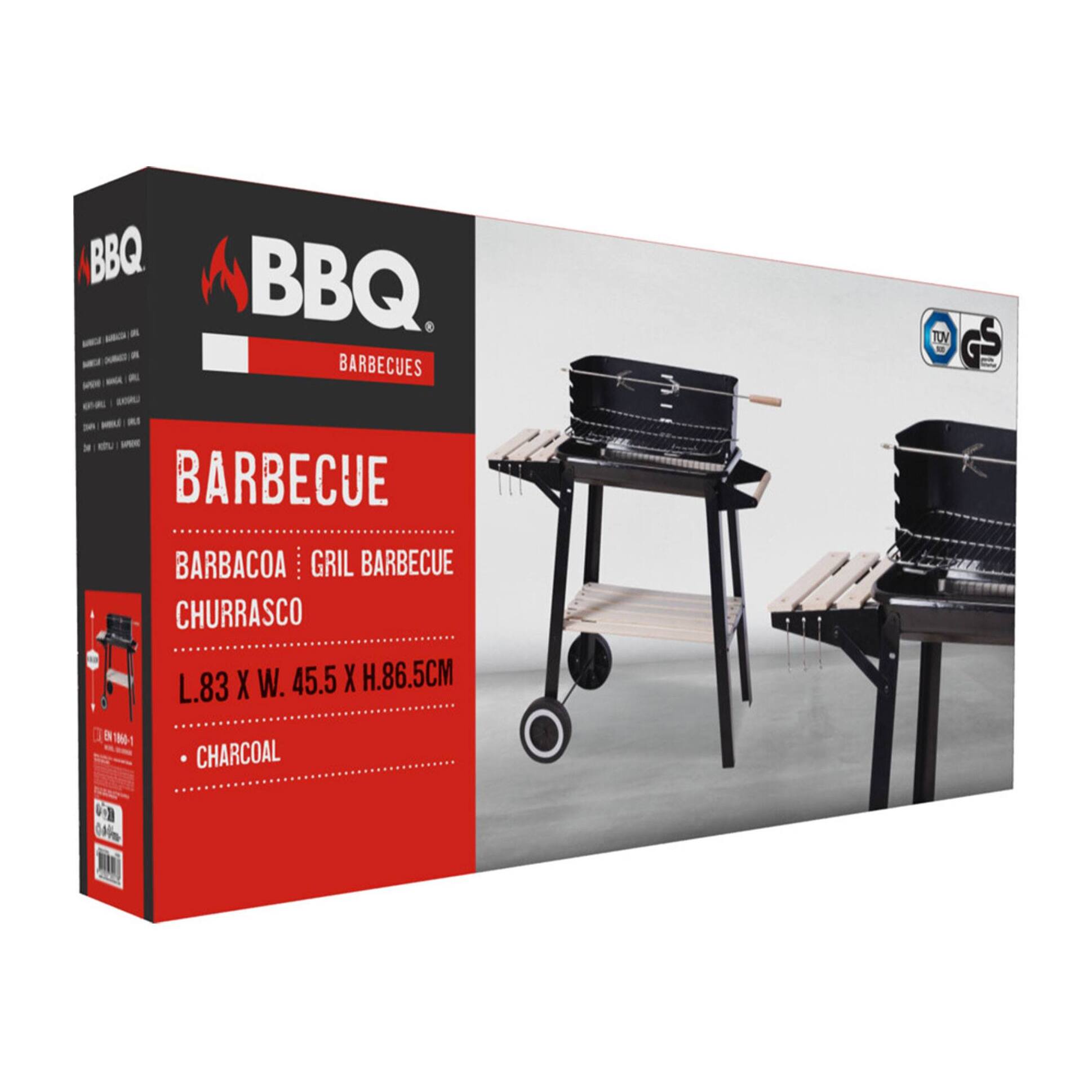 Barbacoa de Carbón Rectangular con Estantes de Madera FSC con Parrilla Cromada 45x24 cm - Barbacoa de Jardín con Cortavientos y Ruedas