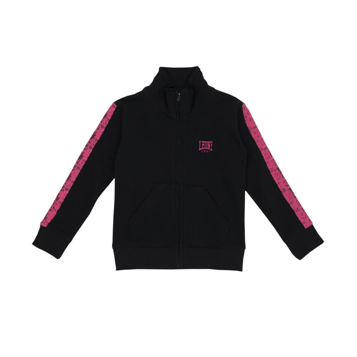 Sudadera con capucha rosa para niña con cremallera completa y estampado de león.
