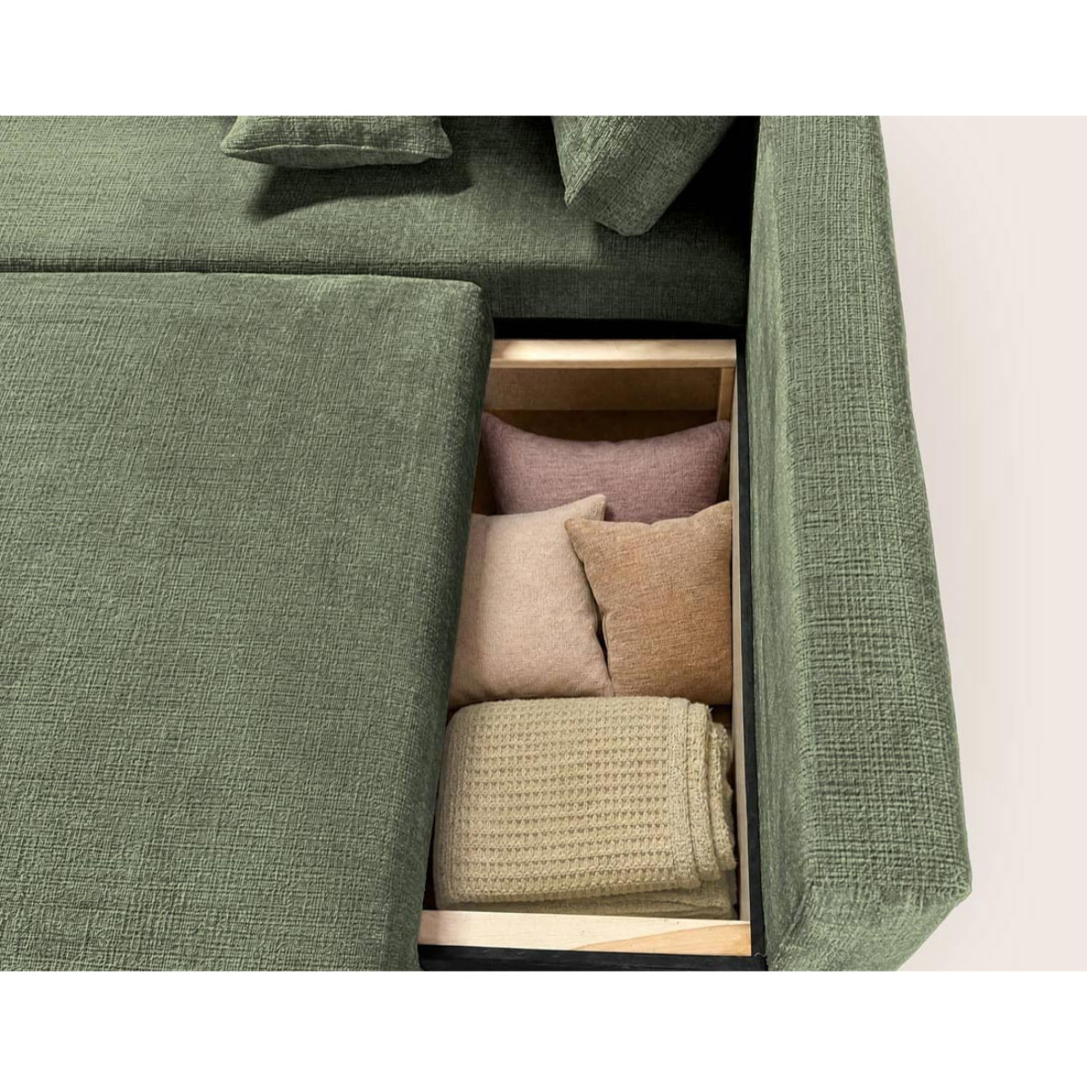 Miro - Canapé d'angle gauche 4 places convertible avec coffre en velours texturé - Vert sauge
