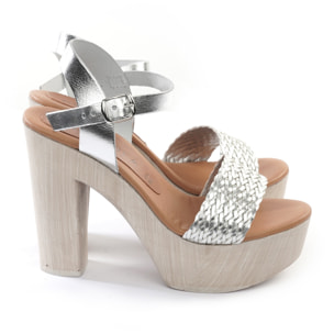 SANDALO TACCO FASCIA CHOCOLA' TRECCIA ARGENTO