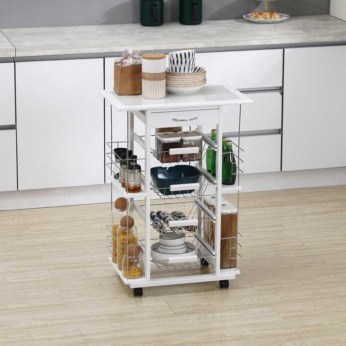 HOMCOM Carrito de Cocina con Ruedas Carrito Verdulero con Encimera Baldosado Cajón 4 Cestas de Metal y 4 Especieros Laterales para Comedor 57x37x83 cm Blanco