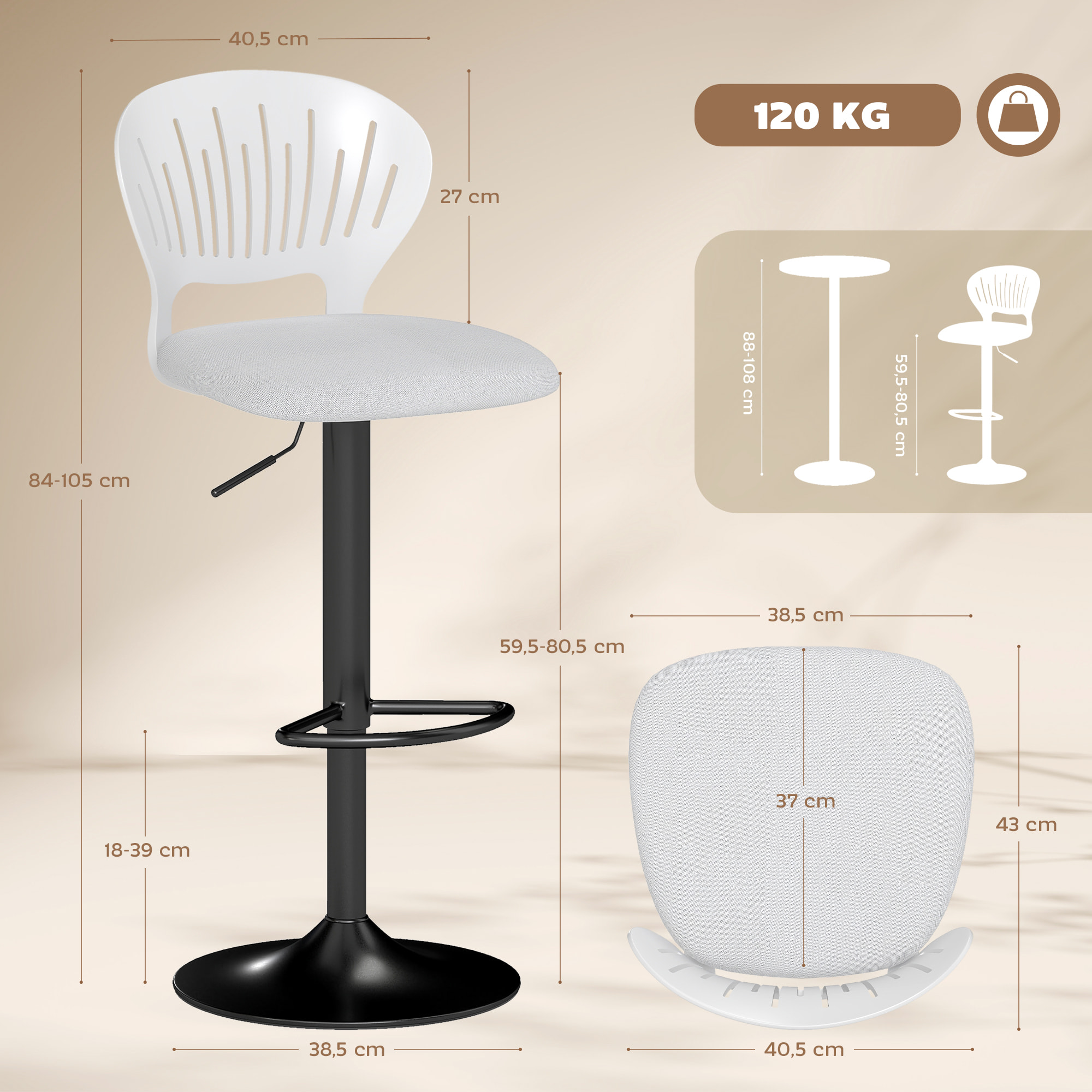 Juego de 2 Taburetes Altos de Cocina Giratorios en 360°, Taburetes de Bar Regulables en Altura de 84-105 cm, Respaldo Hueco, Reposapiés, para Comedor, Mostrador, Blanco