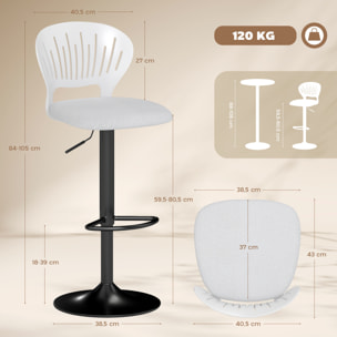 Juego de 2 Taburetes Altos de Cocina Giratorios en 360°, Taburetes de Bar Regulables en Altura de 84-105 cm, Respaldo Hueco, Reposapiés, para Comedor, Mostrador, Blanco