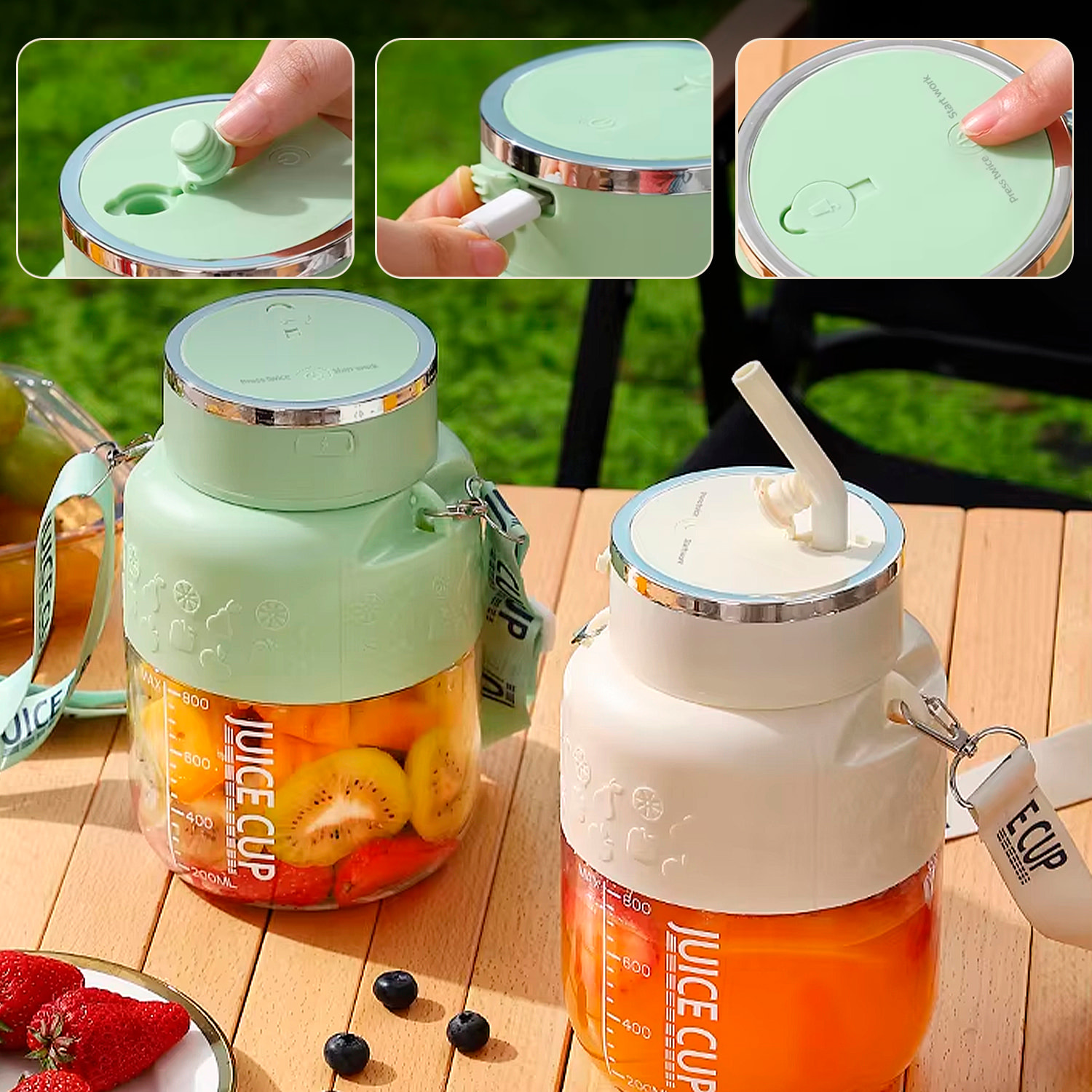 Frullatore portatile elettrico K2 da 800ml con 10 lame in acciaio, sicurezza per doppio clic e batteria ricaricabile.