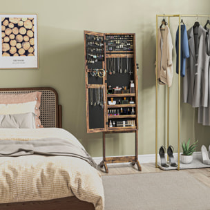 Espejo Joyero de Pie Armario de Joyería con 3 Ángulos Ajustables Cerradura Magnética Organizador de Joyas con Estantes Ranuras para Pendientes Anillos Collares 46x36,5x151,5 cm Marrón Rústico