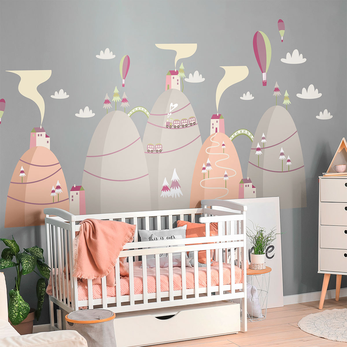 Stickers muraux enfants - Décoration chambre bébé - Autocollant Sticker mural géant enfant montagnes scandinaves MONTGOLFIÈRES AMIES DU CIEL