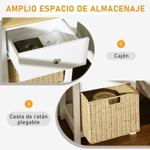 Mesita de Noche Moderno Mesilla de Noche con Cajón de Almacenamiento y Cesta de Ratán Plegable para Salón Dormitorio 49x39x64 cm Blanco y Natural