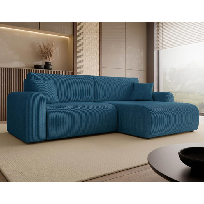Naomi - Canapé d'angle réversible 4 places convertible avec coffre en velours côtelé - Bleu