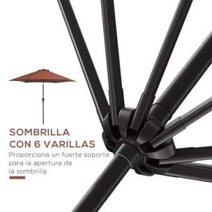 Sombrilla para Jardín Ø260x235 cm Parasol de Aluminio Reclinable con Manivela y 6 Varillas de Metal para Terraza Exterior Balcón Café