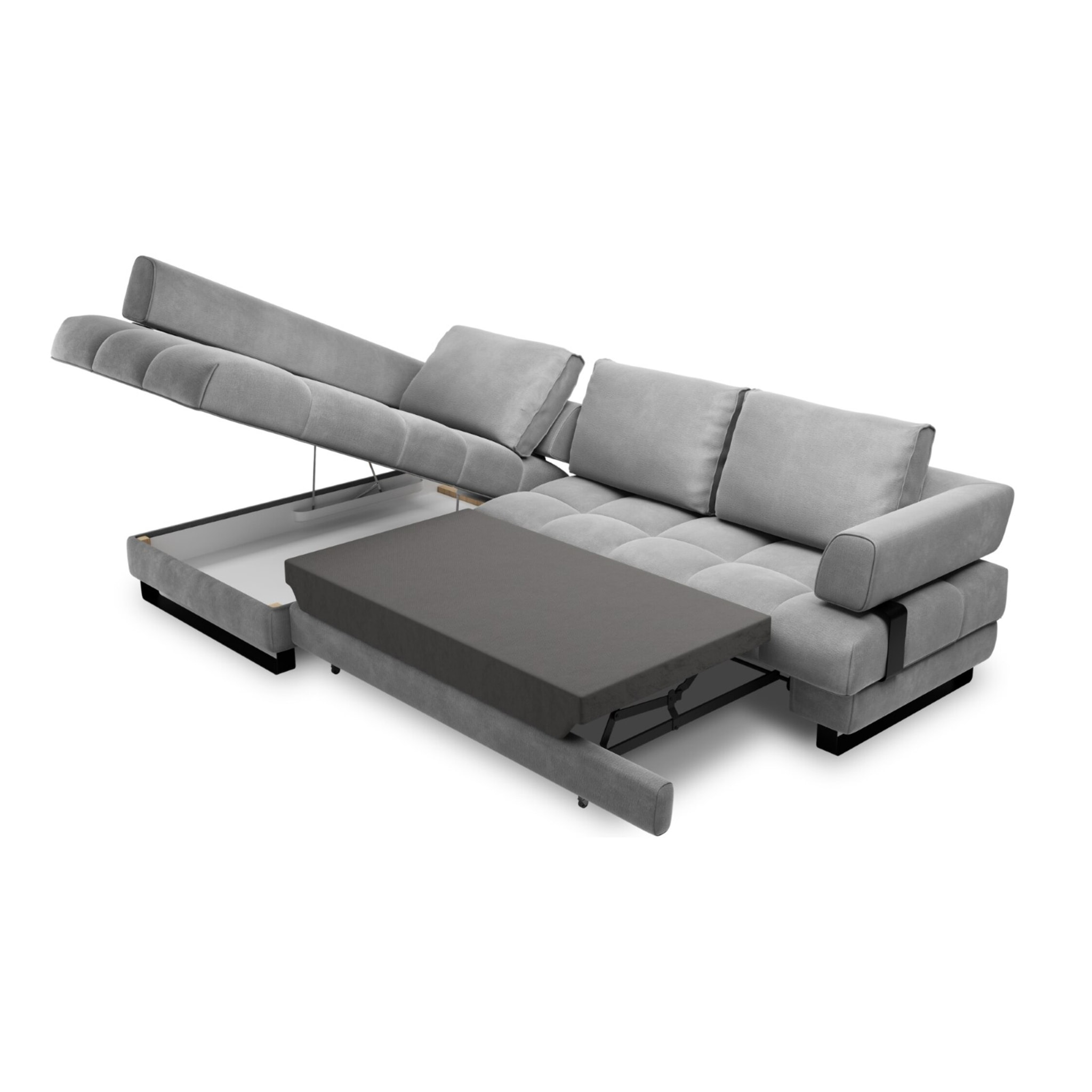 Canapé d'angle gauche convertible avec coffre de rangement "Clinton" 5 places en velours gris clair
