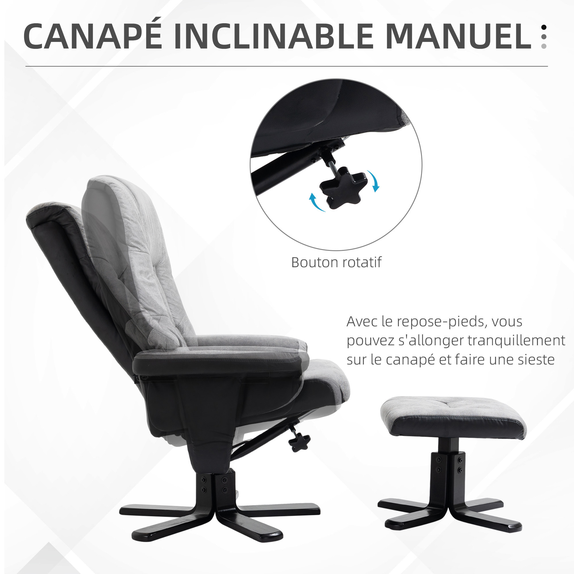 Fauteuil relax style contemporain - dossier inclinable, repose-pied - piètement bois peuplier noir tissu technique gris