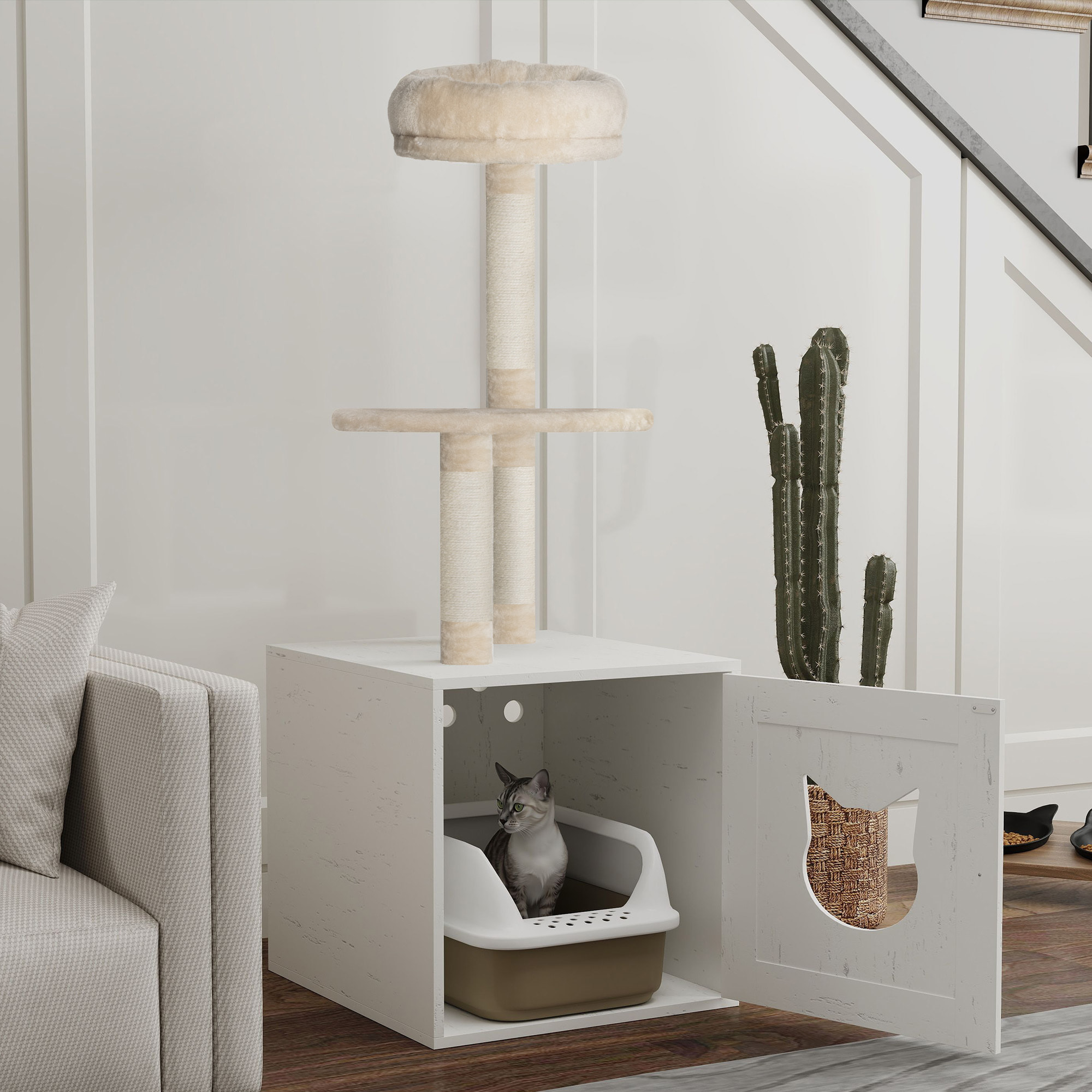 Arbre à chat maison de toilette 2 en 1 - H.129 cm - porte tête de chat - plateforme panier observation - blanc crème