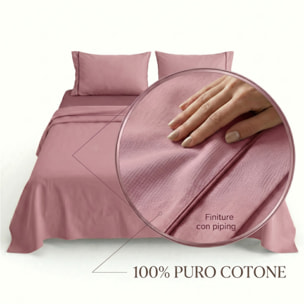 Completo lenzuola matrimoniale in cotone bicolore morbido e traspirante, set letto con lenzuolo sopra, sotto con angoli e 2 federe, design elegante con piping a contrasto, tessuto leggero e resistente 116 gsm, certificato OEKO-TEX, comfort quotidiano
