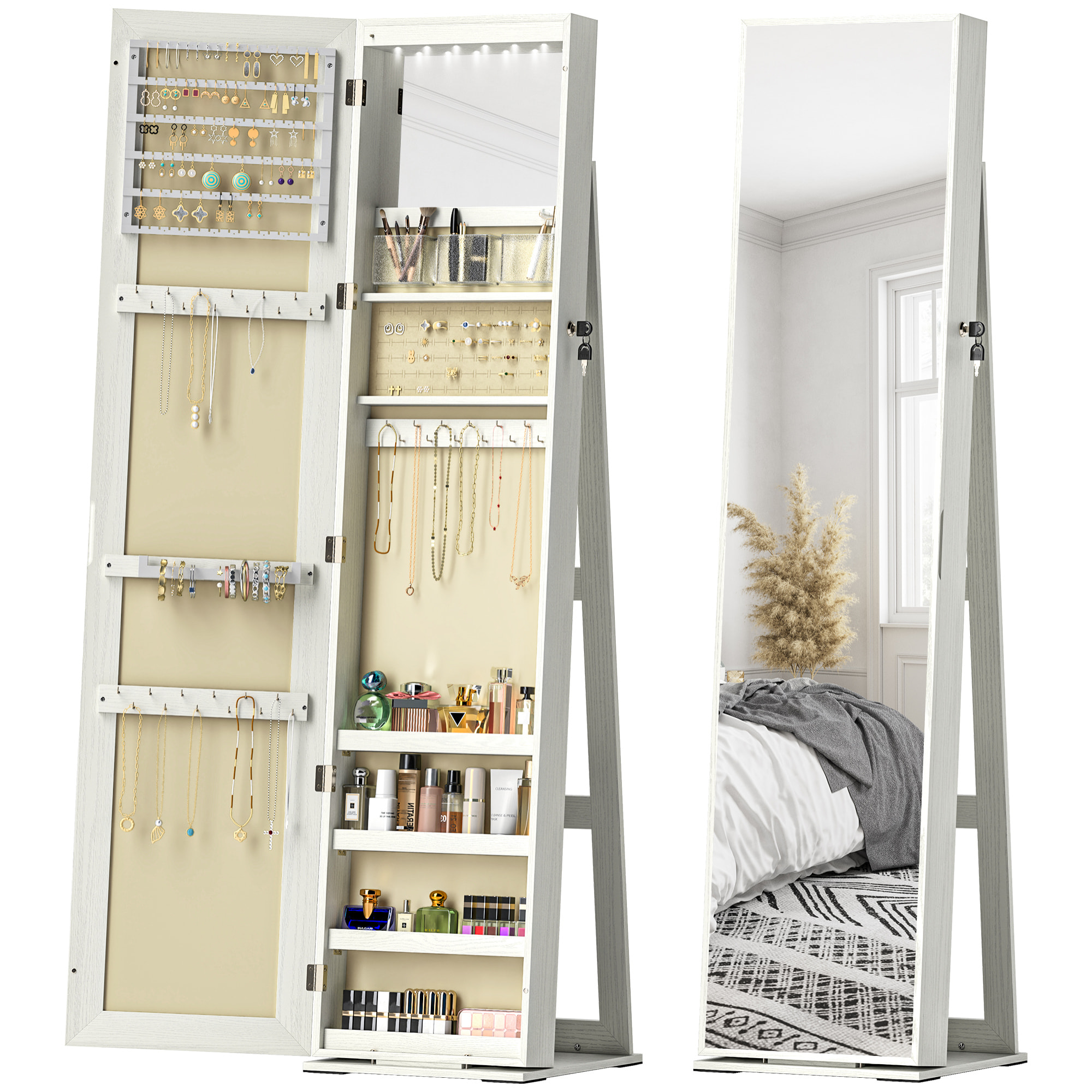 Espejo Joyero de Pie Armario Joyero con Luces LED y Cerradura Armario de Joyas con Espejo Integrada para Dormitorio Blanco con Veta de Madera