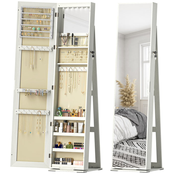 Espejo Joyero de Pie Armario Joyero con Luces LED y Cerradura Armario de Joyas con Espejo Integrada para Dormitorio Blanco con Veta de Madera