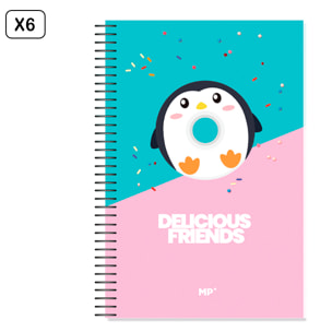 PACK 6 UNIDADES CUADERNO ESPIRAL Fº 80 HOJAS 90 g/m² DISEÑO DELICIOUS FRIENDS PINGÜINO