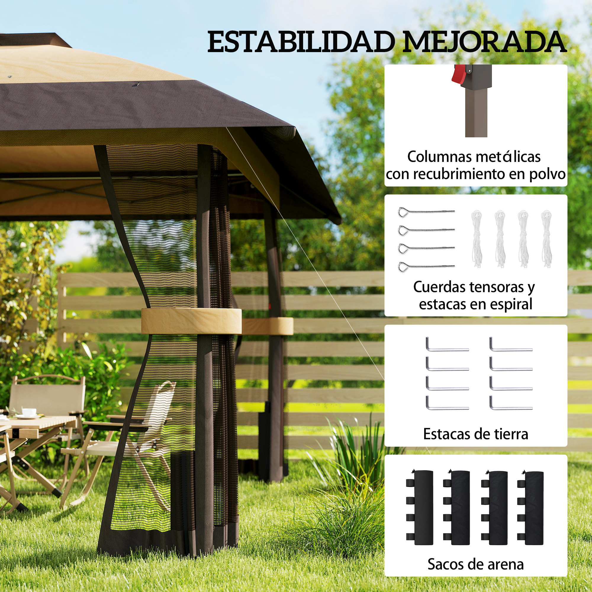 Carpa Plegable 4x4 m, Pop-up, con Doble Techo, 4 Paredes Laterales de Malla, Cenador de Jardín con Altura Ajustable 3 Niveles, Bolsa de Transporte, UPF30+, Gazebo para Camping, Fiestas, Caqui