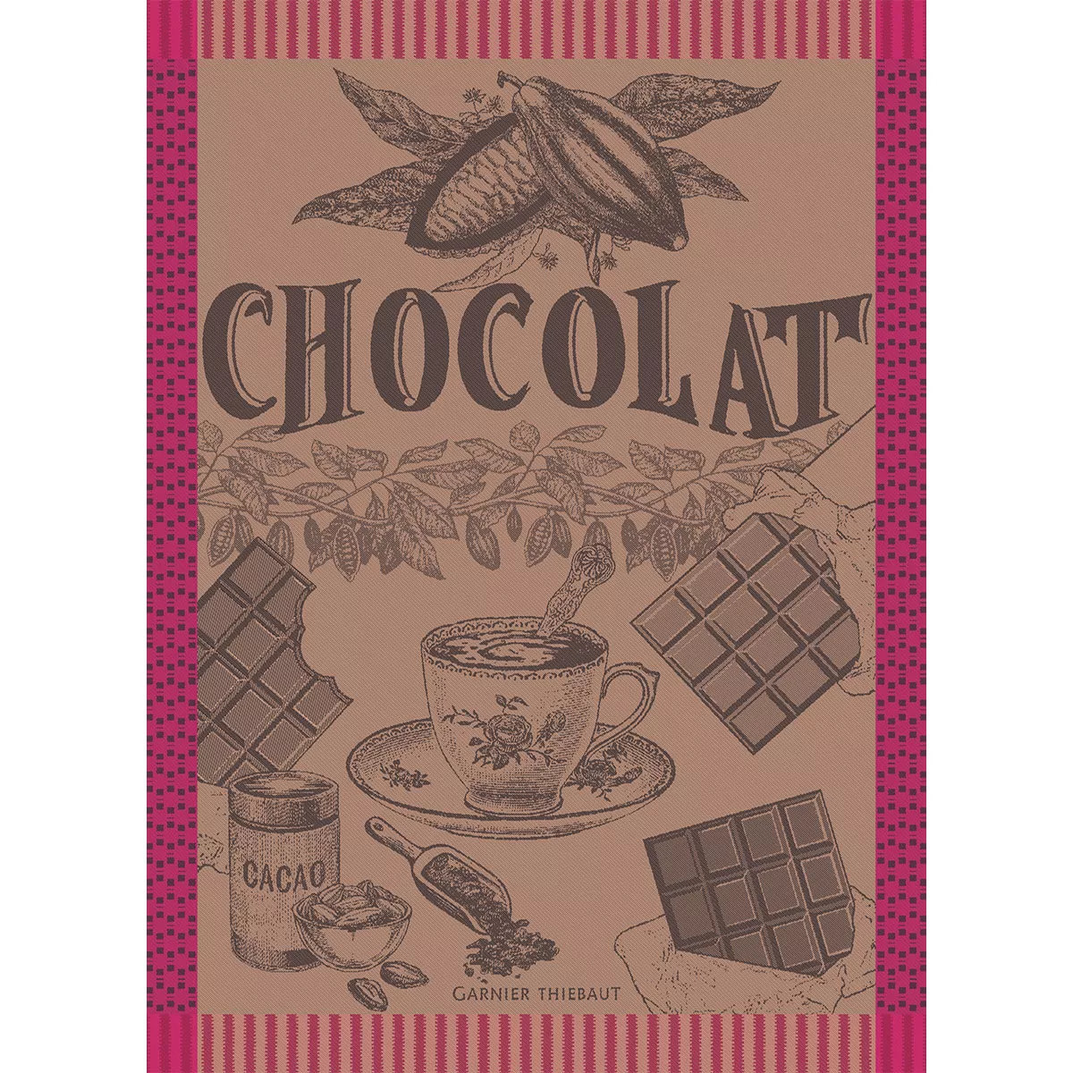 Torchon pur coton motif jacquard rose marron Tasse de chocolat fuchsia
