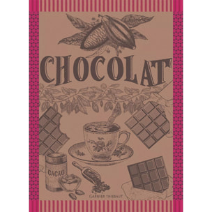 Torchon pur coton motif jacquard rose marron Tasse de chocolat fuchsia