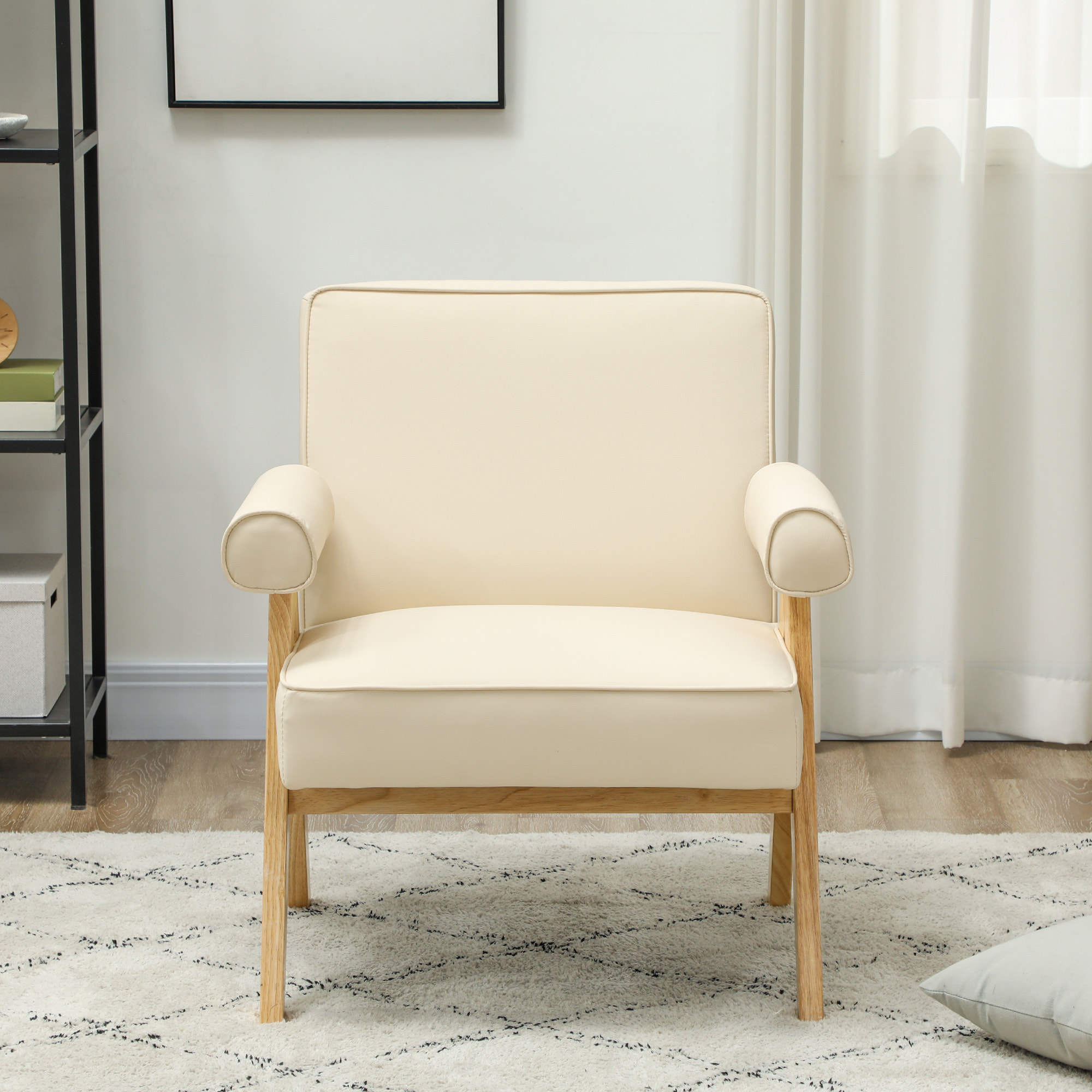 Butaca de Salón Butaca Nórdica Sillón de Salón Tapizado en PU con Reposabrazos y Marco de Madera de Caucho para Dormitorio Carga 120 kg Crema