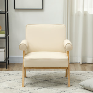 Butaca de Salón Butaca Nórdica Sillón de Salón Tapizado en PU con Reposabrazos y Marco de Madera de Caucho para Dormitorio Carga 120 kg Crema