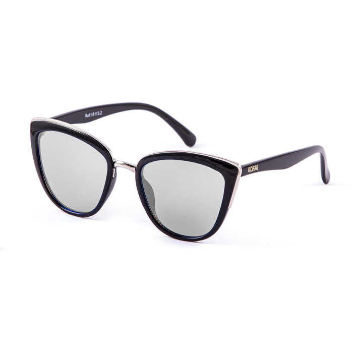 Gafas de sol OCEAN CAT EYE - Negro brillante y metal plateado brillante / Plana de pc ahumada con espejo plateado real