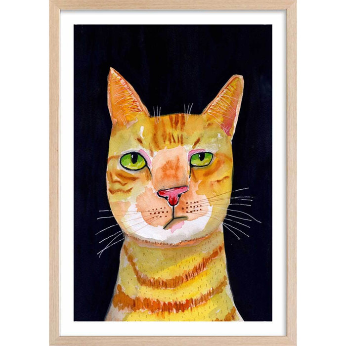 Affiche enfant chat roux  Affiche + cadre en bois - Chêne