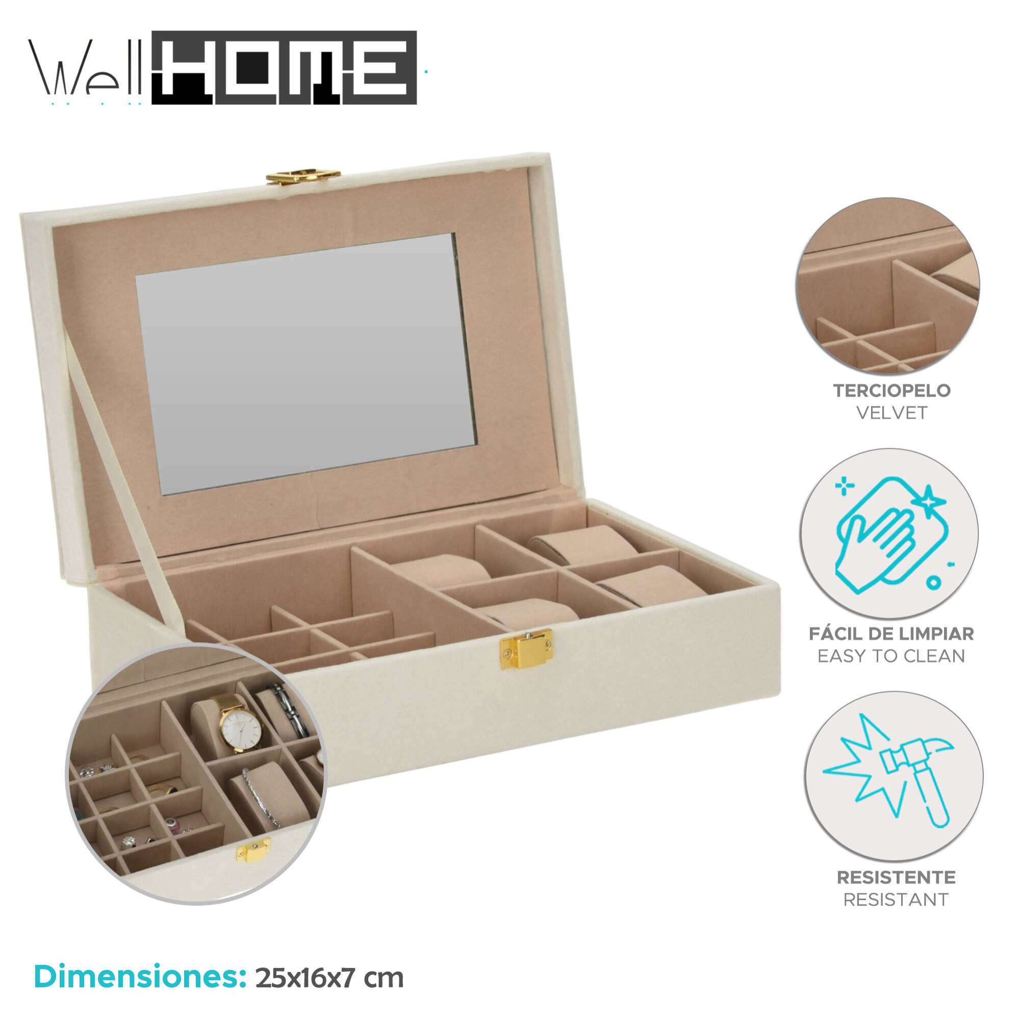 Well home - caja joyero con espejo color blanco 25x16x7cm