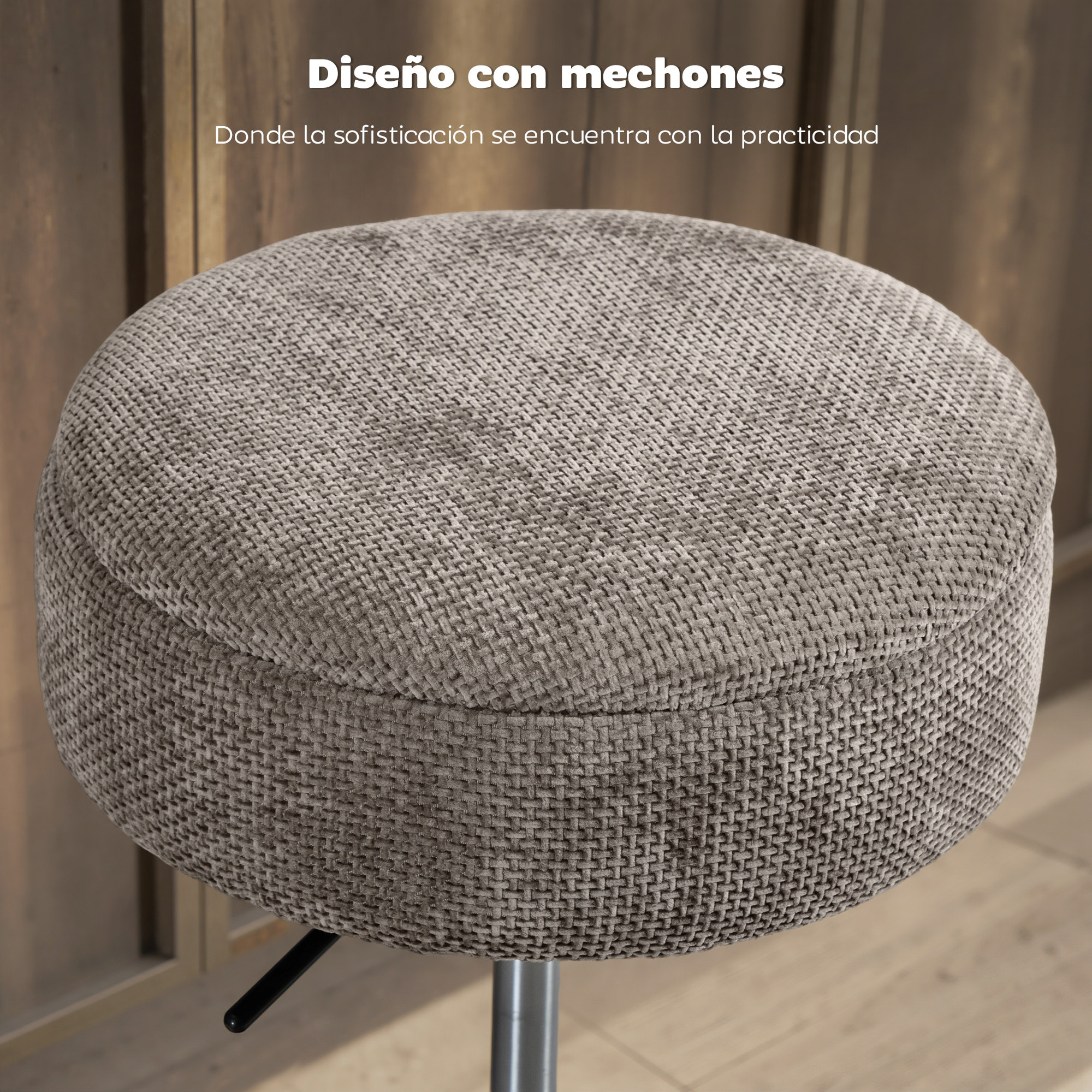 Taburete de Bar con Almacenaje, Altura Ajustable, Taburete de Cocina Redondo, Giratorio, Tapizado en Chenilla, Base de Acero, Diseño Botones, Acolchado, para Salón, Comedor, Oficina, Gris