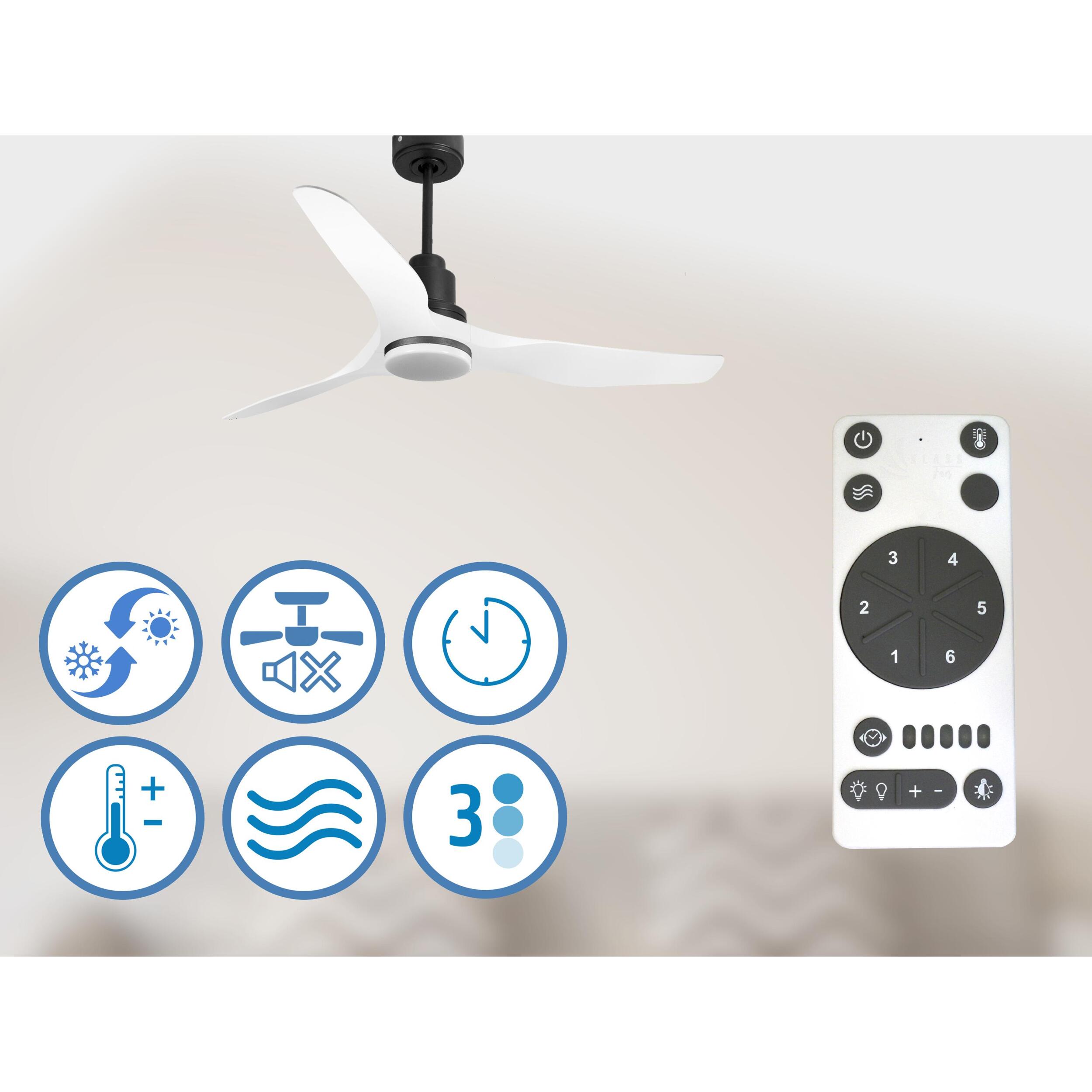 Ventilateur de plafond Réversible  Thermostat Dimmable Wifi Moteur à courant continu Toits en pente Télécommande Lumière à trois tons Adaptateur 2/3 Lames