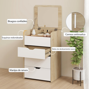 Tocador de Maquillaje 3 en 1 con Taburete Oculto y Espejo Abatible, Mesa de Maquillaje de Vidrio Visible con 3 Cajones y Taburete Acolchado, para Espacios Reducidos, Vestidor, Roble y Blanco