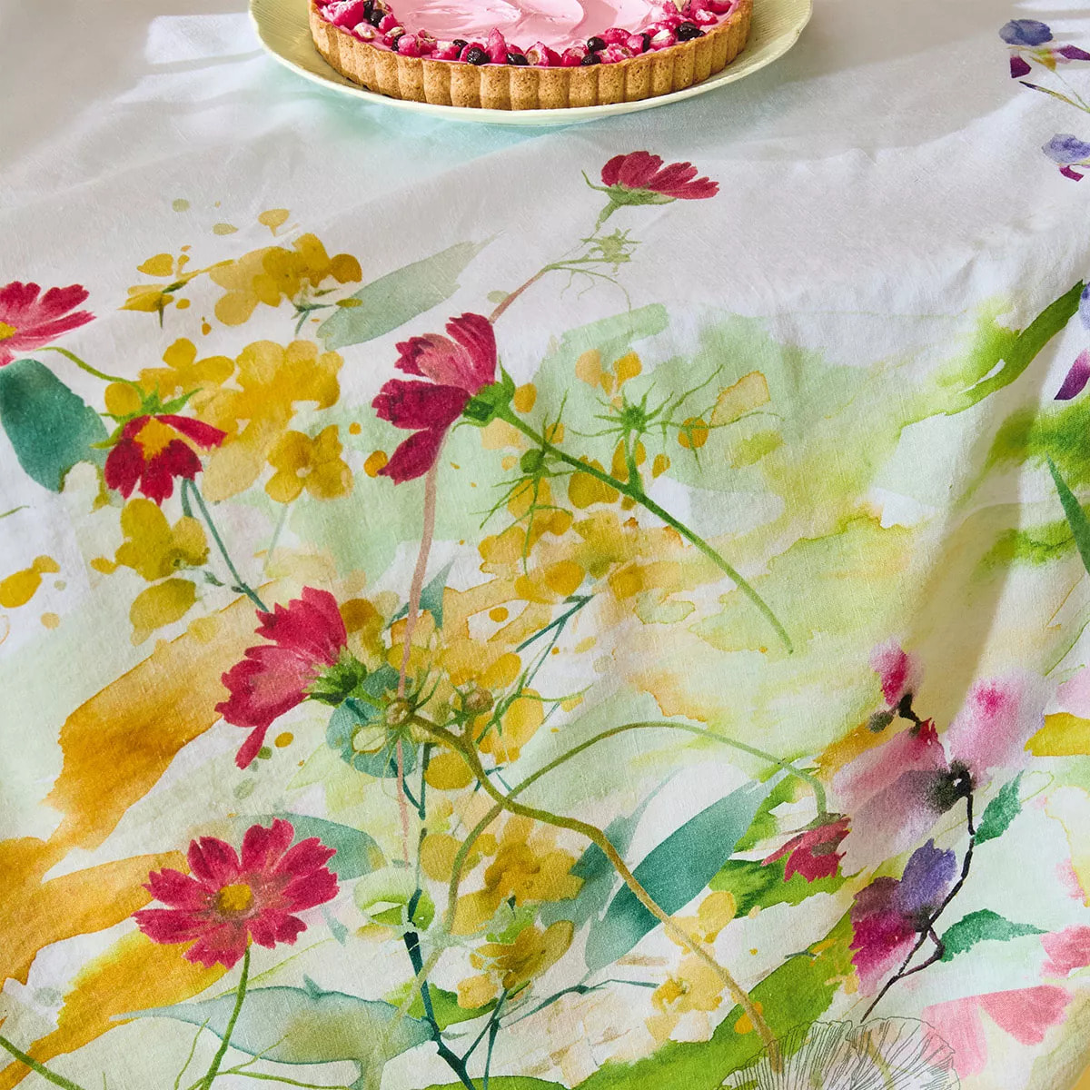 Nappe lin & coton lavé 150 g/m² imprimé rose jaune vert Souffle fleuri printemps