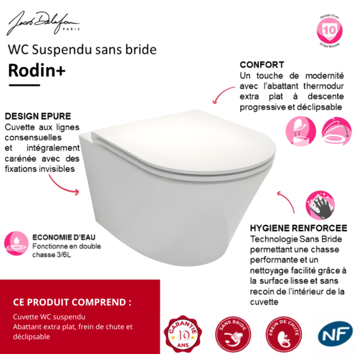 Cuvette WC suspendu sans bride Rodin+ avec abattant