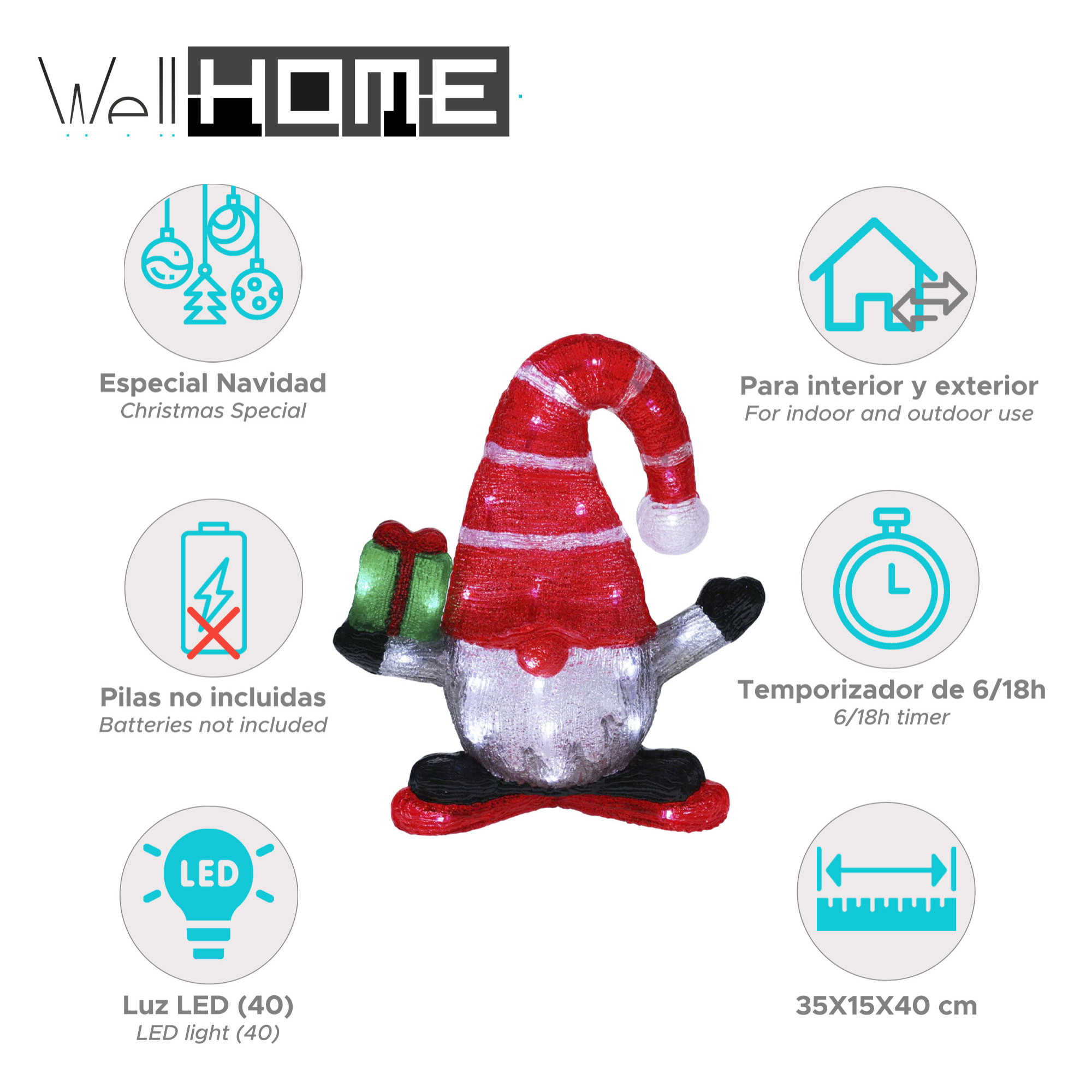 Gnomo navideño con 40 luces led con temporizador 35x15x40cm