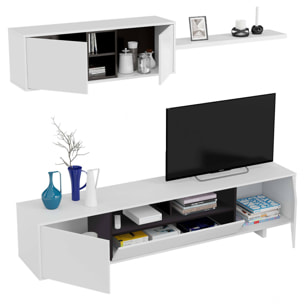 Parete attrezzata Hartford, Mobile da soggiorno porta TV, Composizione set salotto, Set salotto con pensile, cm 260x41h46, Bianco lucido