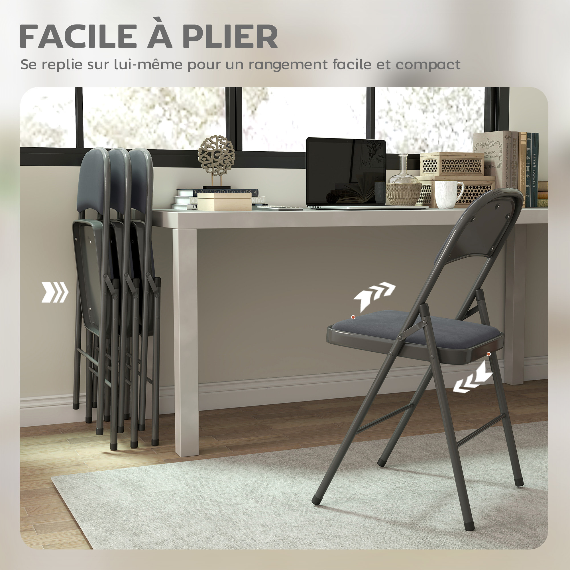 Lot de 4 chaises pliantes assise dossier rembourrés acier velours anthracite