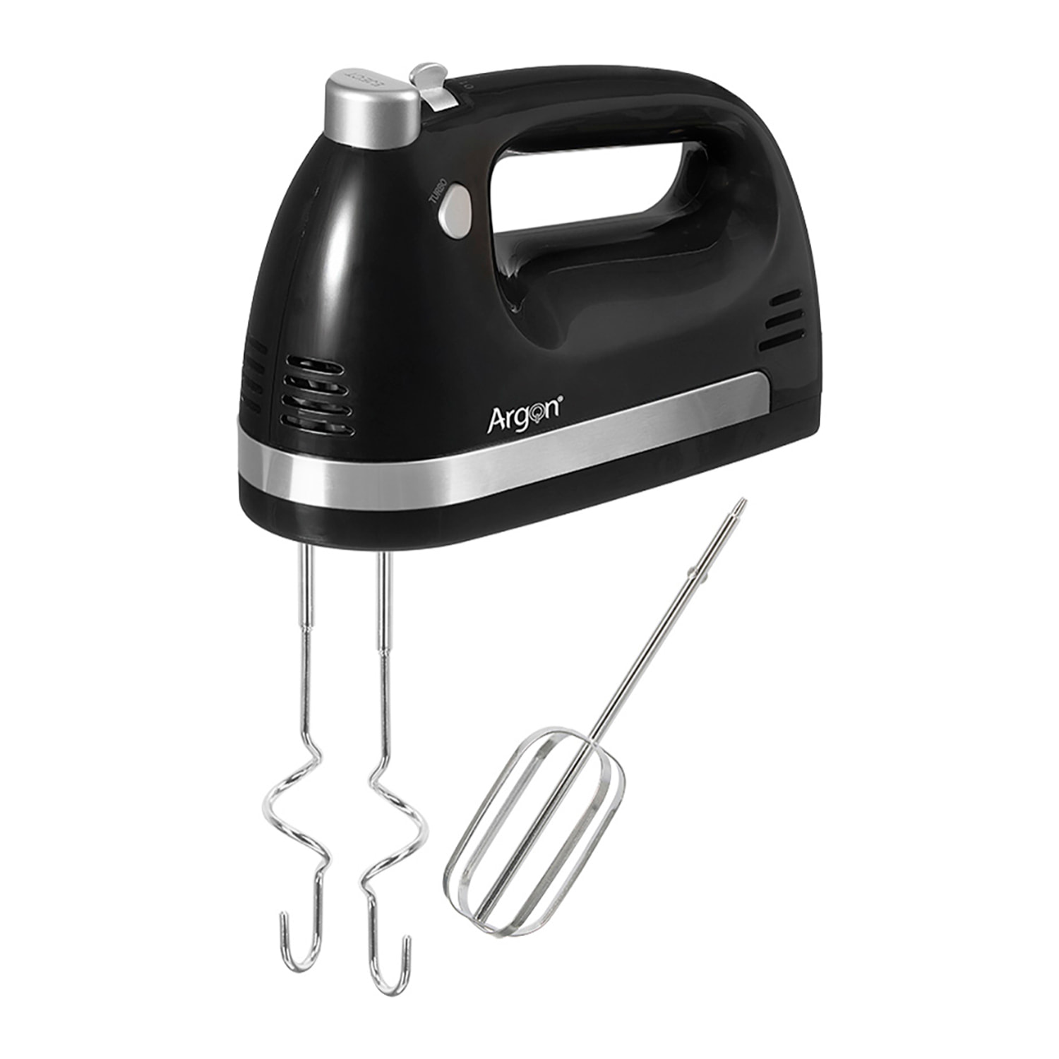Batidora negra de mano con doble varilla. 5 velocidades con 400W. Incluye acoples para batir y amasar.