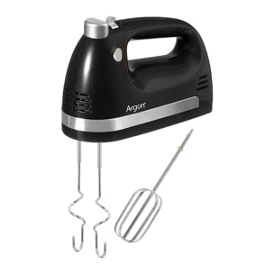 Batidora negra de mano con doble varilla. 5 velocidades con 400W. Incluye acoples para batir y amasar.