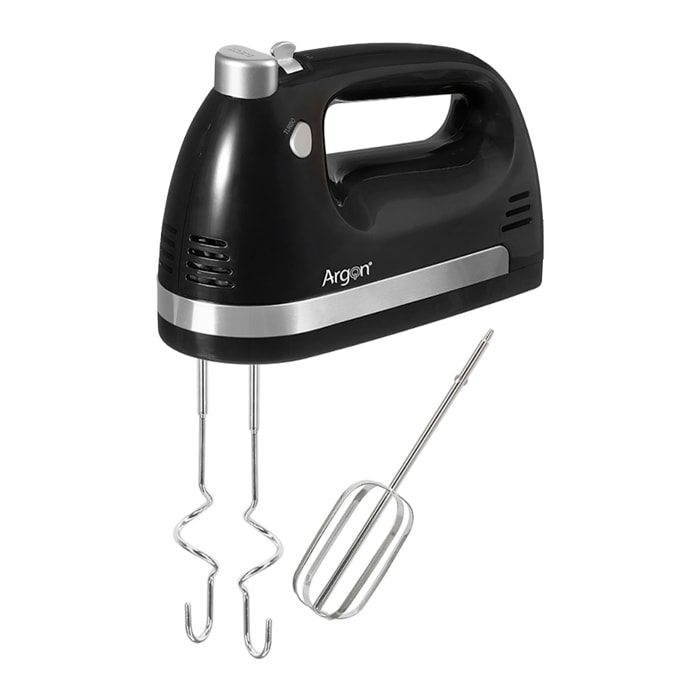 Batidora negra de mano con doble varilla. 5 velocidades con 400W. Incluye acoples para batir y amasar.