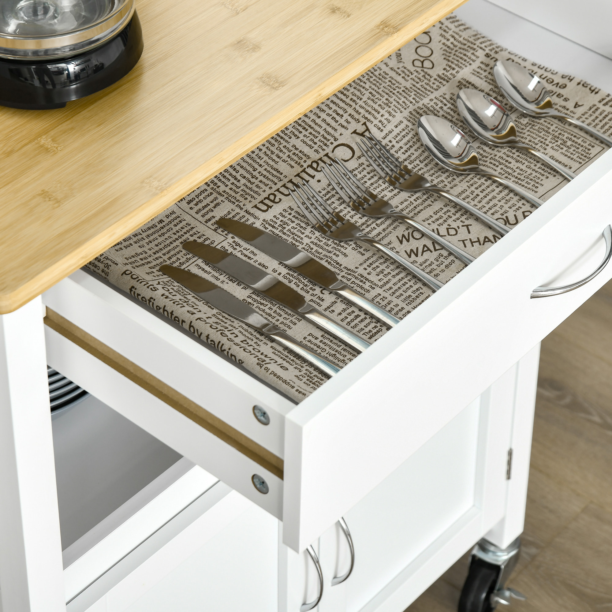 Desserte de cuisine multi-rangements - dim. 73L x 50l x 91H cm - poignées métal MDF blanc plateau bois bambou verni