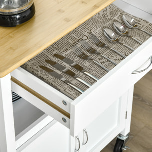 Desserte de cuisine multi-rangements - dim. 73L x 50l x 91H cm - poignées métal MDF blanc plateau bois bambou verni