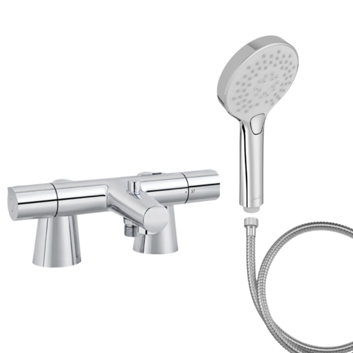 Mitigeur baignoire Simone + pommeau de douche Metro + flexible de douche métal + colonnettes
