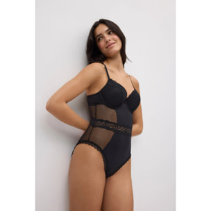 Body con ferretto imbottito in plumeti e pizzo nero