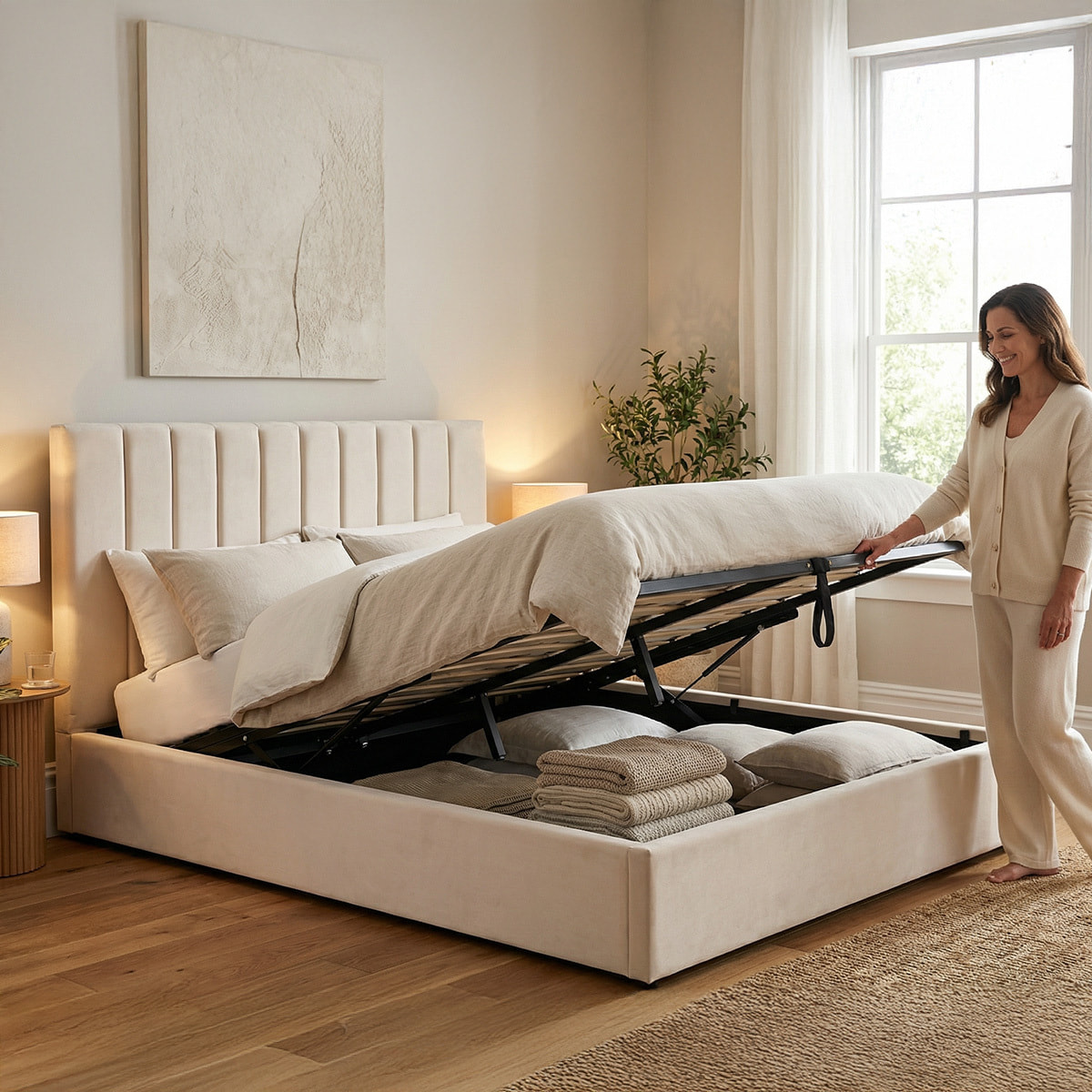 Lit Coffre Giulia Velours Beige, Grand Volume de Rangement, Sommier à Lattes Inclus