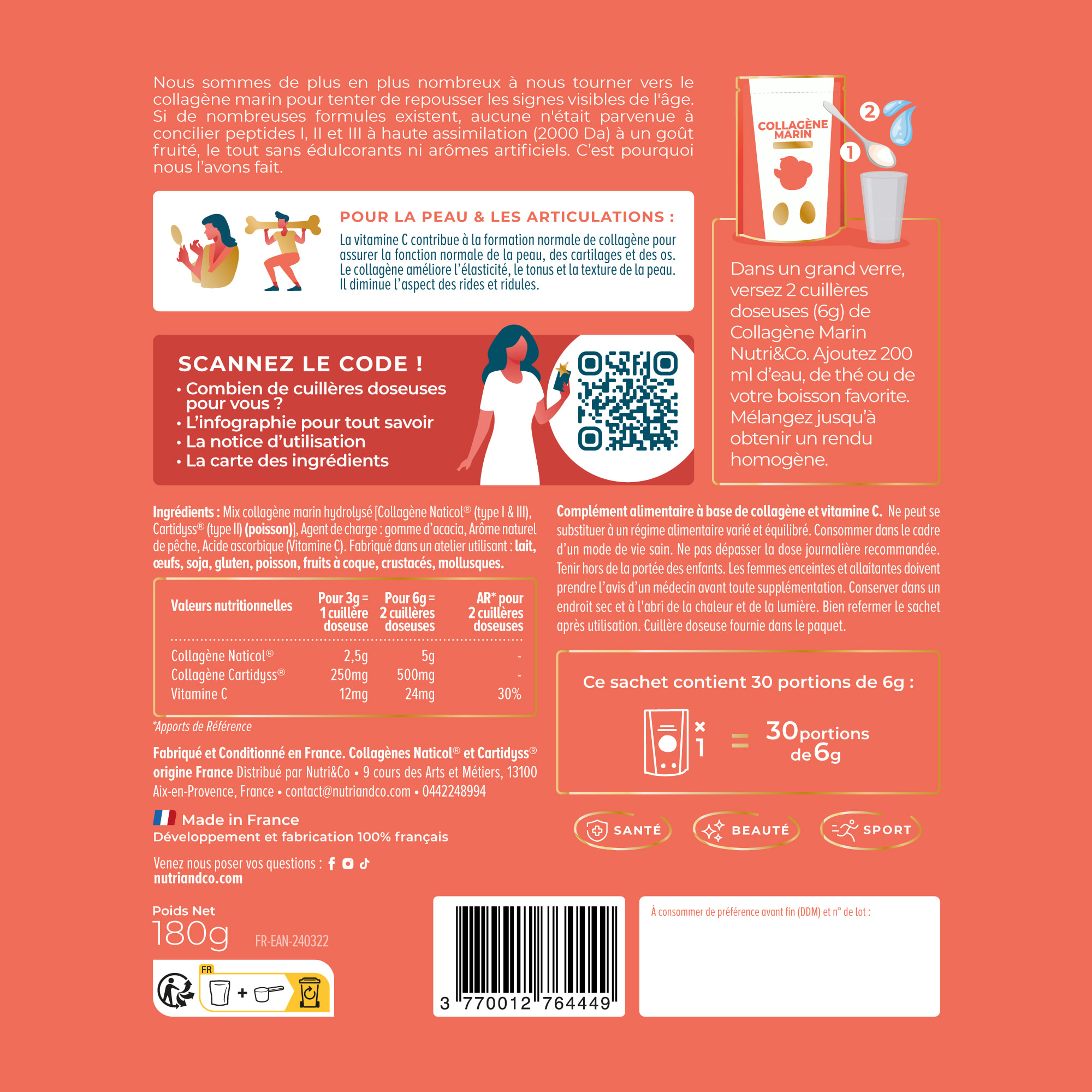 Nutri&Co Collagène Marin Type 1, 2 & 3 Peau & Articulations Goût Pêche - 180g
